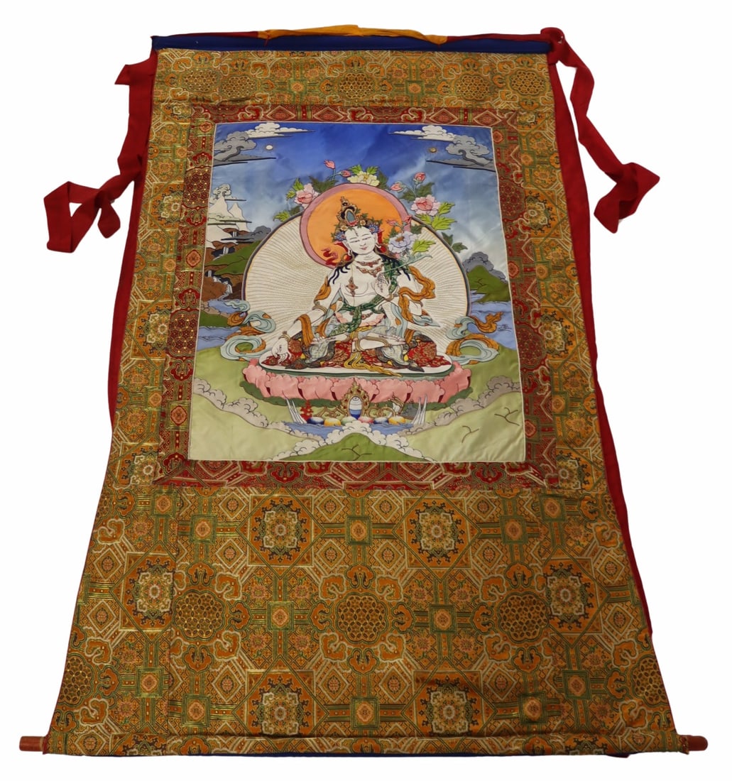 Tibetan Silk Embroidered Thangka.: Signature? verso. From a W 72nd St, Manhattan estate. Dimensions: Thangka measures approx. 64" h x 40" w.