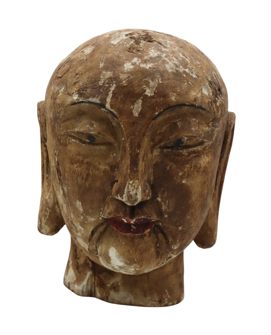 Asian Carved and Paint Decorated Buddha's Head. (1 of 9)