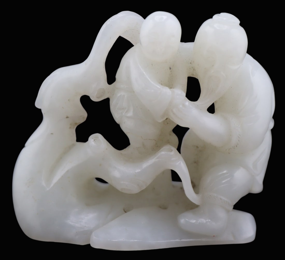 Chinese White Jade Figural Carving.: Total approx. weight of the carving is 73.3 grams (gross). From a Long Island, NY estate. Dimensions: carving measures approx. 2.25" w x 2.125" h.