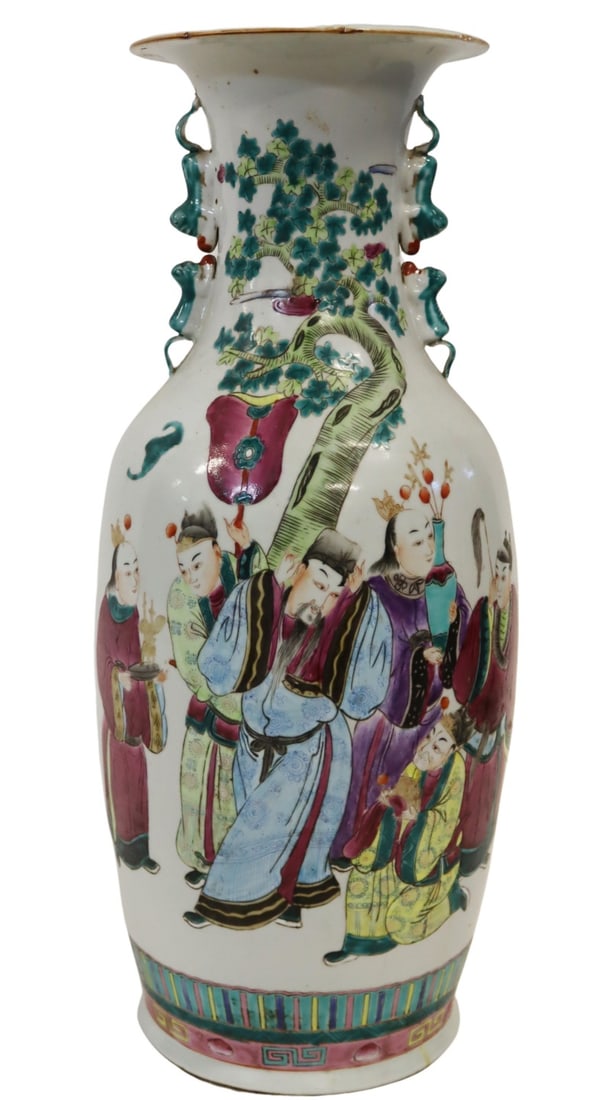 Large Chinese Famille Rose Vase with Figures.: Large Chinese Famille Rose enamel decorated vase displaying figures standing beneath pine trees. With a mark to the underside. From a Flushing, NY estate. Dimensions: vase measures approx. 23.875"