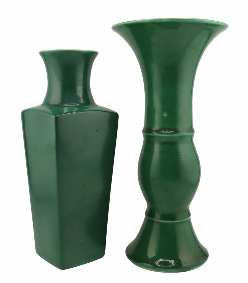 (2) Chinese Crackle Glaze Green Vases.: Includes a Chinese crackle glaze green Gu-form vase; and a Chinese crackle glaze green tapered vase. From a W 79th St, Manhattan estate. Dimensions: Gu vase measures approx. 3.75" in diameter x