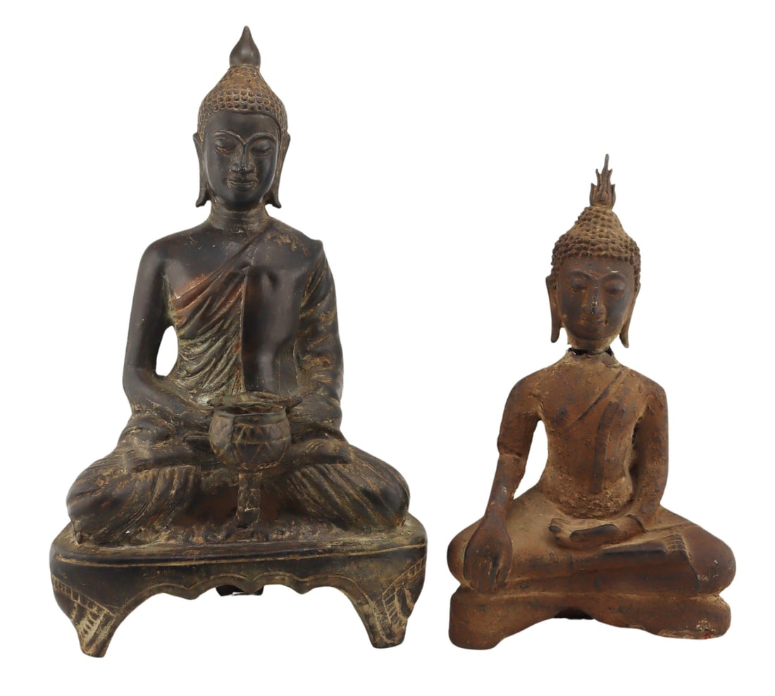 (2) Early Southeast Asian Bronze Buddhas.: Includes one seated buddha on stand holding what appears to be a shell with a cup in front; and a second seated bronze buddha - with repair to neck. Total approx. weight of the buddha on stand is