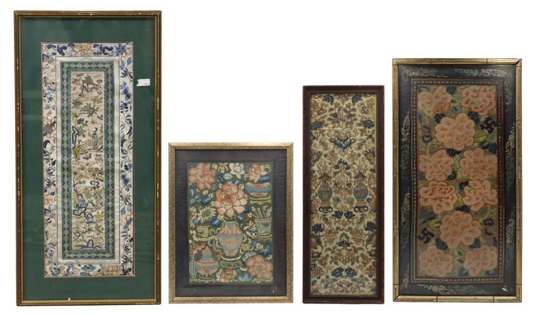 Collection of Chinese Silk Embroidered Textiles.: Includes a framed Chinese cream coloured silk embroidered sleeve panel displaying urns and flowers; a framed Chinese green silk embroidered panel of floral urns; a framed Chinese silk embroidered pane