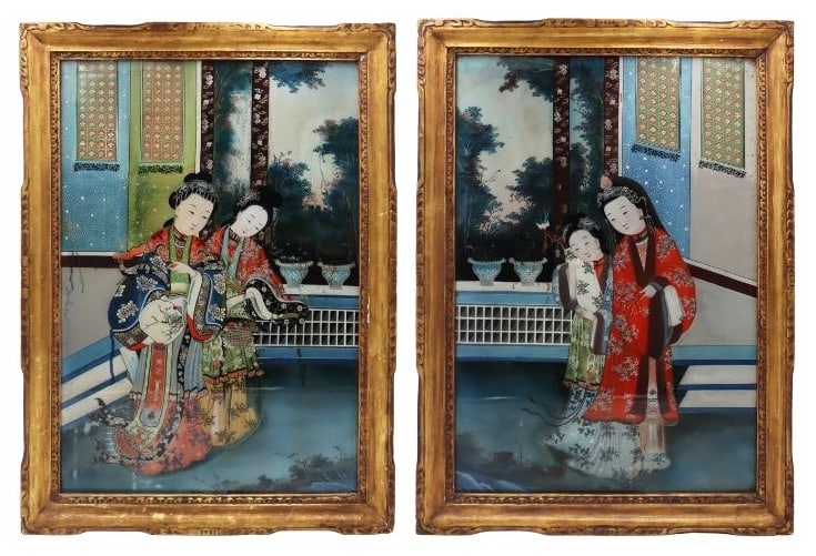 (2) Chinese Export Reverse Paintings, Sotheby's: Labels. (2) Chinese Export reverse paintings displaying similar scenes of pairs of ladies walking within a pavilion. With Sotheby's labels verso. From a W 79th St, Manhattan estate. Dimensions: