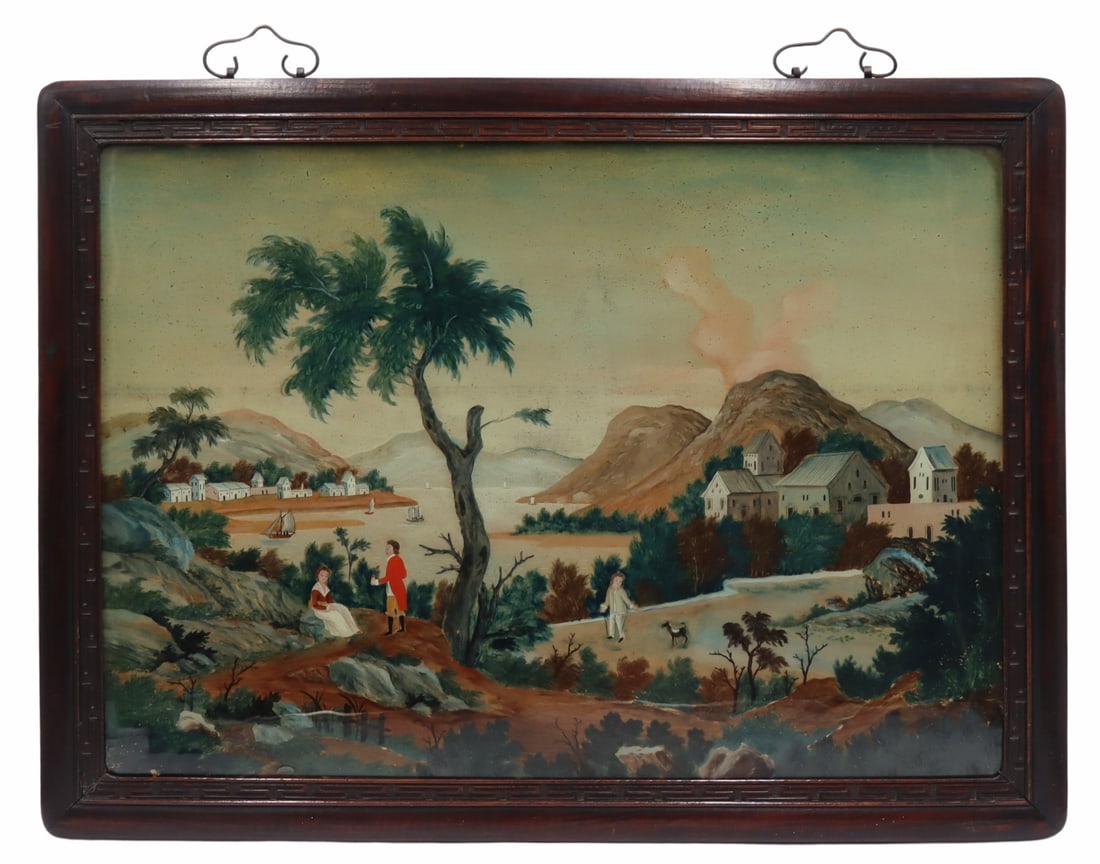 Chinese Export Reverse Painted Landscape Scene.