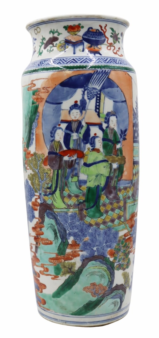 Chinese Wucai Slender Vase.: Chinese Wucai slender vase of cylindrical form with waisted neck displaying a continuous scene of figures standing outdoors and robed ladies within a garden pavilion. Neck displays various scholar's