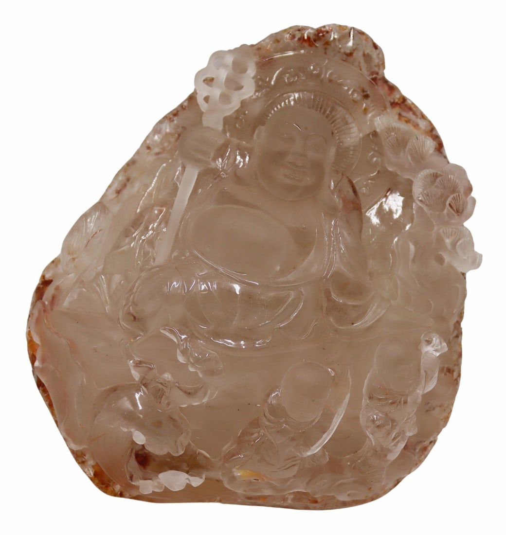 Chinese Carved Rock Crystal 'Happy Buddha'.: Chinese carved rock crystal 'Happy Buddha' with halo surrounded by children. Total approx. weight of the carving is 5714.7 grams (gross). From a W 72nd St, Manhattan estate. Dimensions: carving