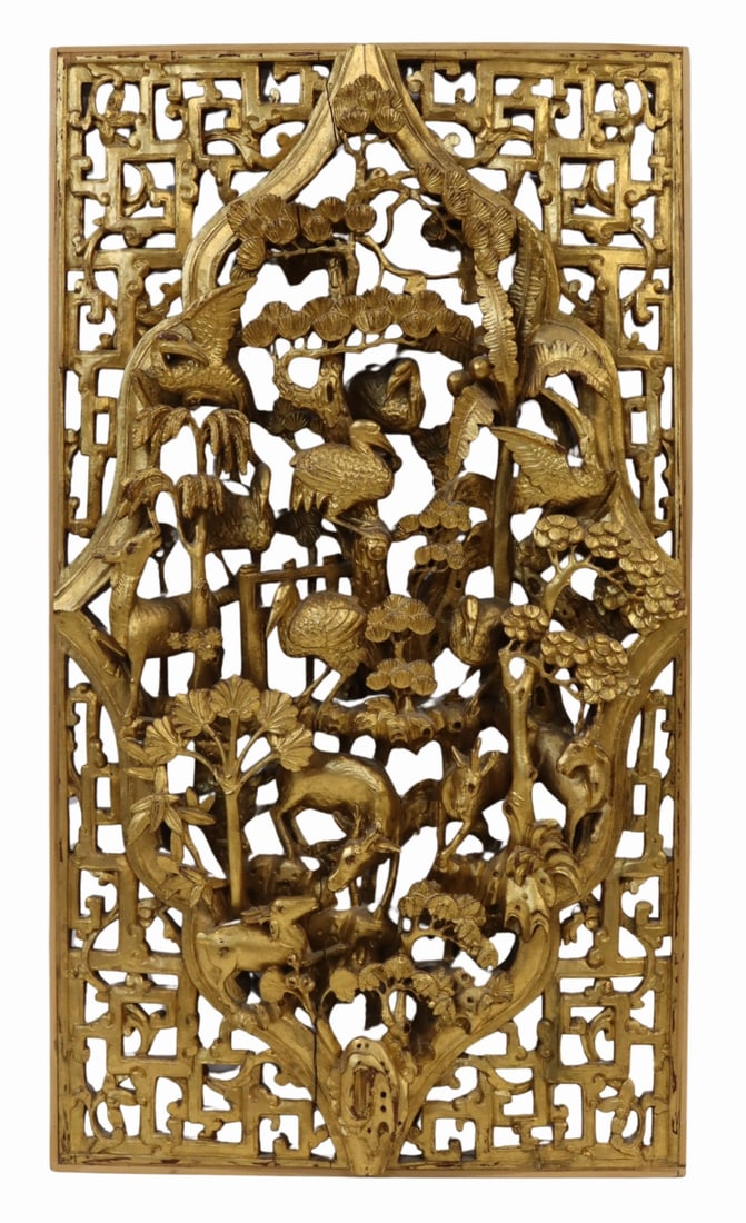 Chinese Highly Carved Giltwood Panel.: Chinese highly carved giltwood panel displaying cranes and deer set amongst foliage and pine trees. From a W 72nd St, Manhattan estate. Dimensions: 29" h x 16.25" w.