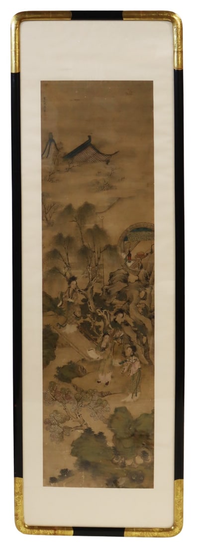 Large Signed Chinese Painting of Ladies.: Signed upper left. From a W 72nd St, Manhattan estate. Dimensions: frame measures approx. 23.25" w x 70.25" h; sight measures approx. 15" w x 54" h.