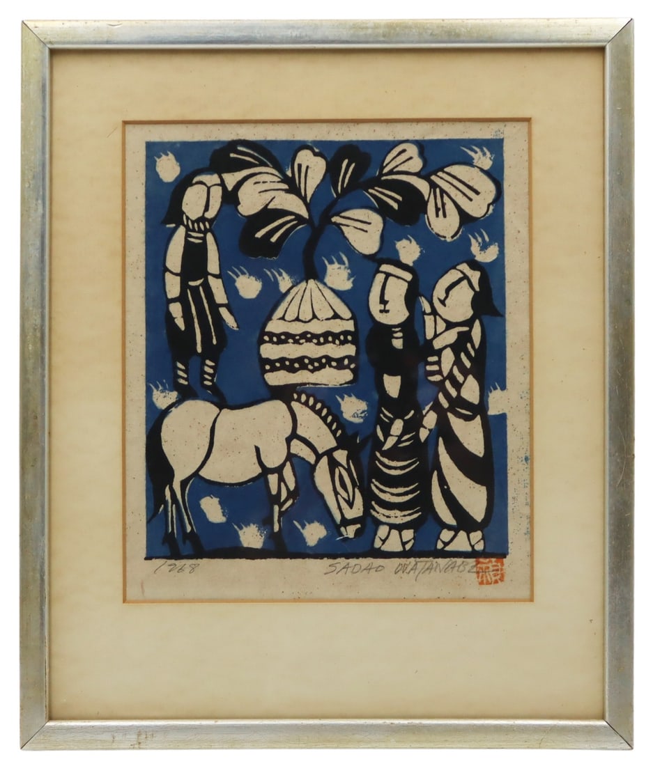 SADAO WATANABE (Japan, 1913-1996).: Sadao Watanabe signed and dated woodblock print. Signed lower right with seal mark, and dated, "1968" lower left. From a New Rochelle, NY estate. Dimensions: sight measures approx.