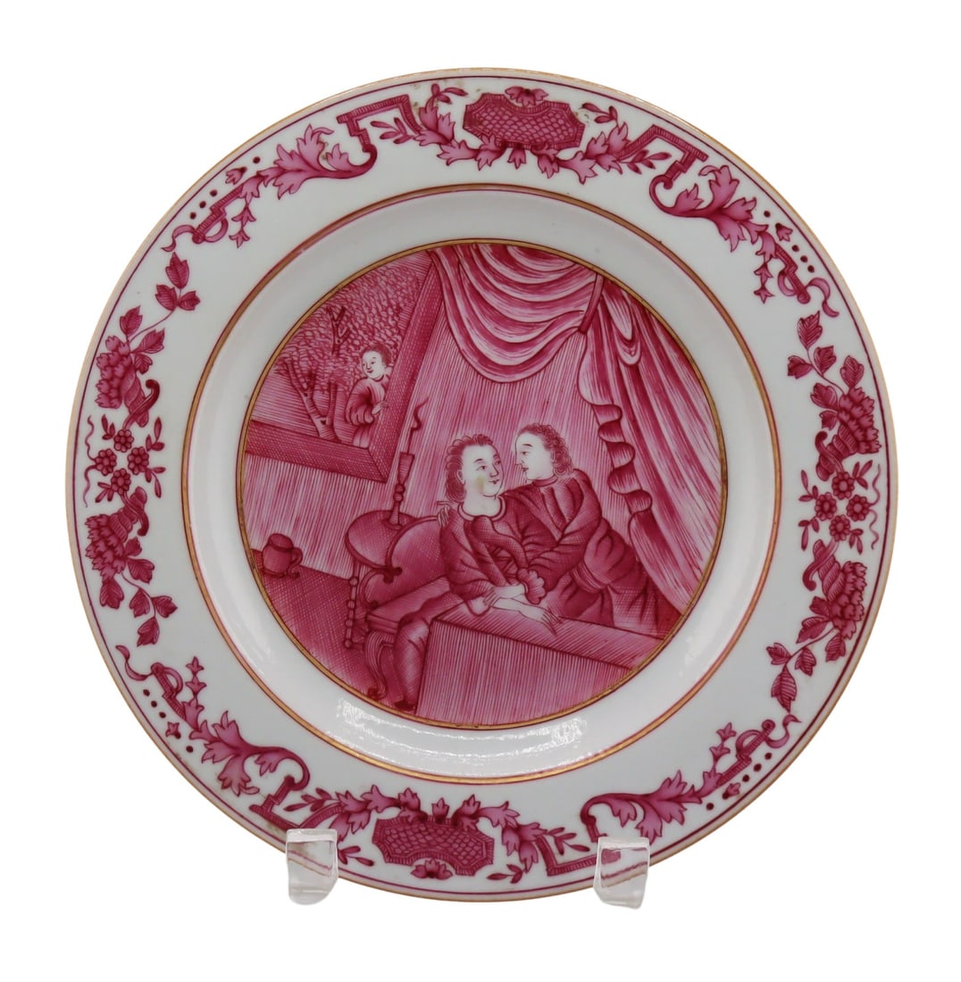 18th Century Chinese Export Puce Enamel Plate.: 18th century Chinese Export puce (pink) enamel decorated plate displaying two reclining figures, and single female figure "peeping" through the window. From a Westchester, NY estate.