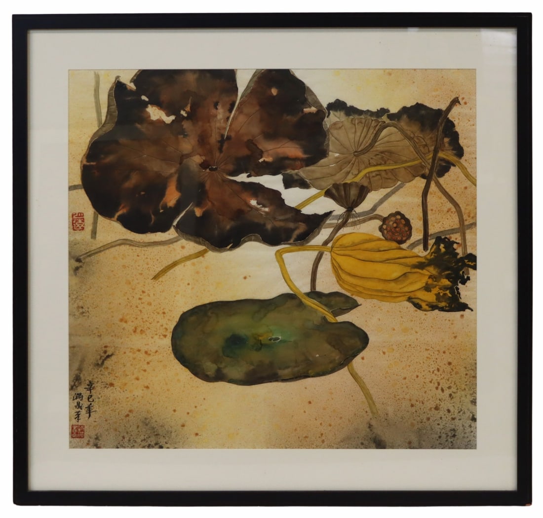 WANG MANSHENG (China, b. 1962).: Wang Mansheng ink and walnut ink color painting on paper of lilypads. Inscribed and signed. This work was exhibited in June of 2010 at the Today Art Museum in Beijing. From a Woodside, NY estate. Dime