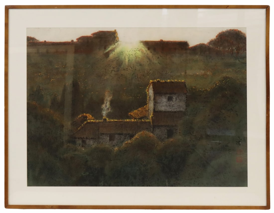 YANG XIANRANG (China, b. 1930).: Wang Xianrang ink and watercolor painting of a cottages on a hillside at sunrise. Framed. Signed lower right. From a Woodside, NY estate. Dimensions: frame measures approx. 34.75" h x 45" w;