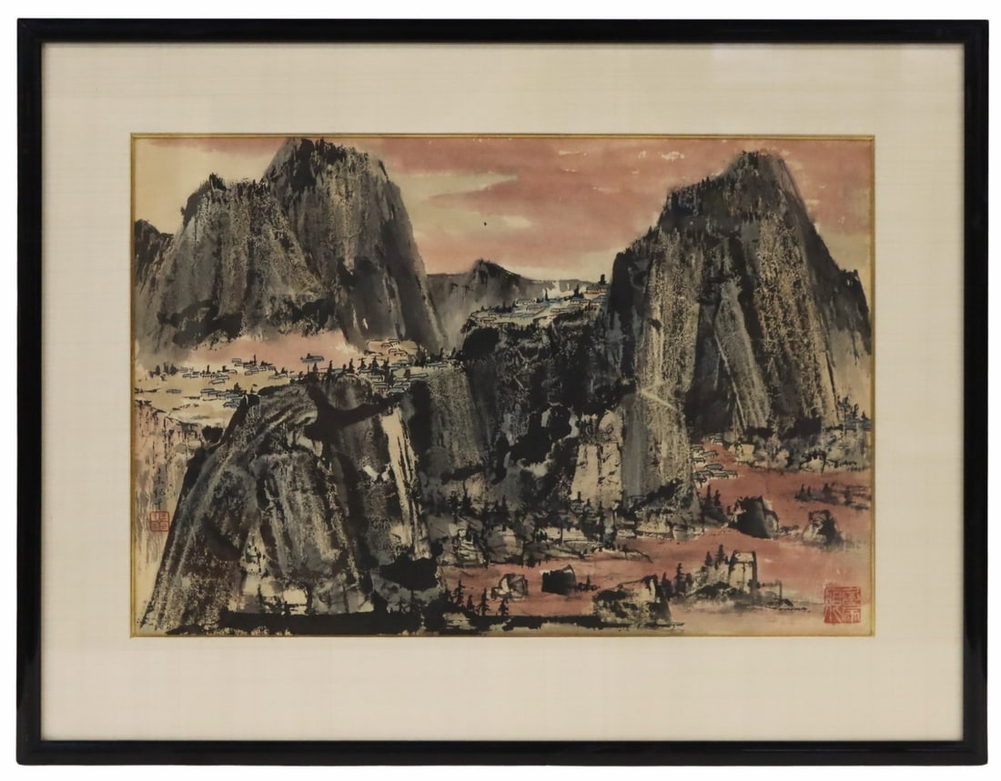 JIQIAN WANG (C.C. WANG) (China, 1907-2003).: Jiqian Wang (C.C. Wang) ink and color painting of a mountain landscape. Inscribed and signed. From a Woodside, NY estate. Dimensions: frame measures approx. 25" h x 32.25" w; sight measures