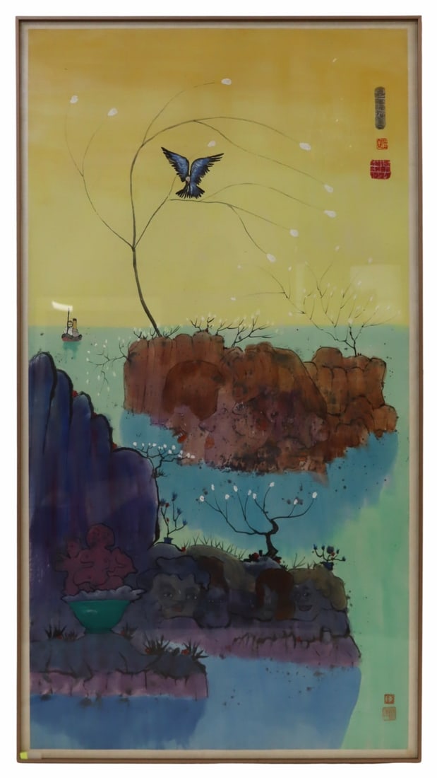 LUIS CHAN (China, 1901-1995).: Luis Chan watercolor and ink surrealist landscape with female nudes and bird. Inscribed in Chinese upper right and stamped with the artist's seals upper right and lower right. From an E 72nd St, Manha