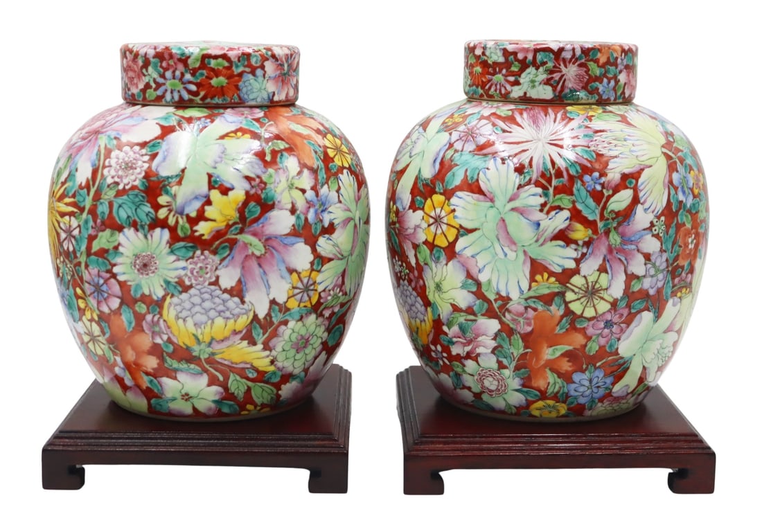 Pr of Chinese Famille Rose Millefleur Lidded Urns. (1 of 16)