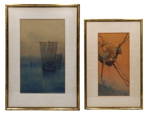 (2) ASAO HABU Japanese Framed Watercolors.: Includes a signed A Habu watercolor of pheasants seated on a branch - signed lower right, "A Habu" and dated 1911; and a signed Asao Habu watercolor of ships at sea - signed, "Asao Habu