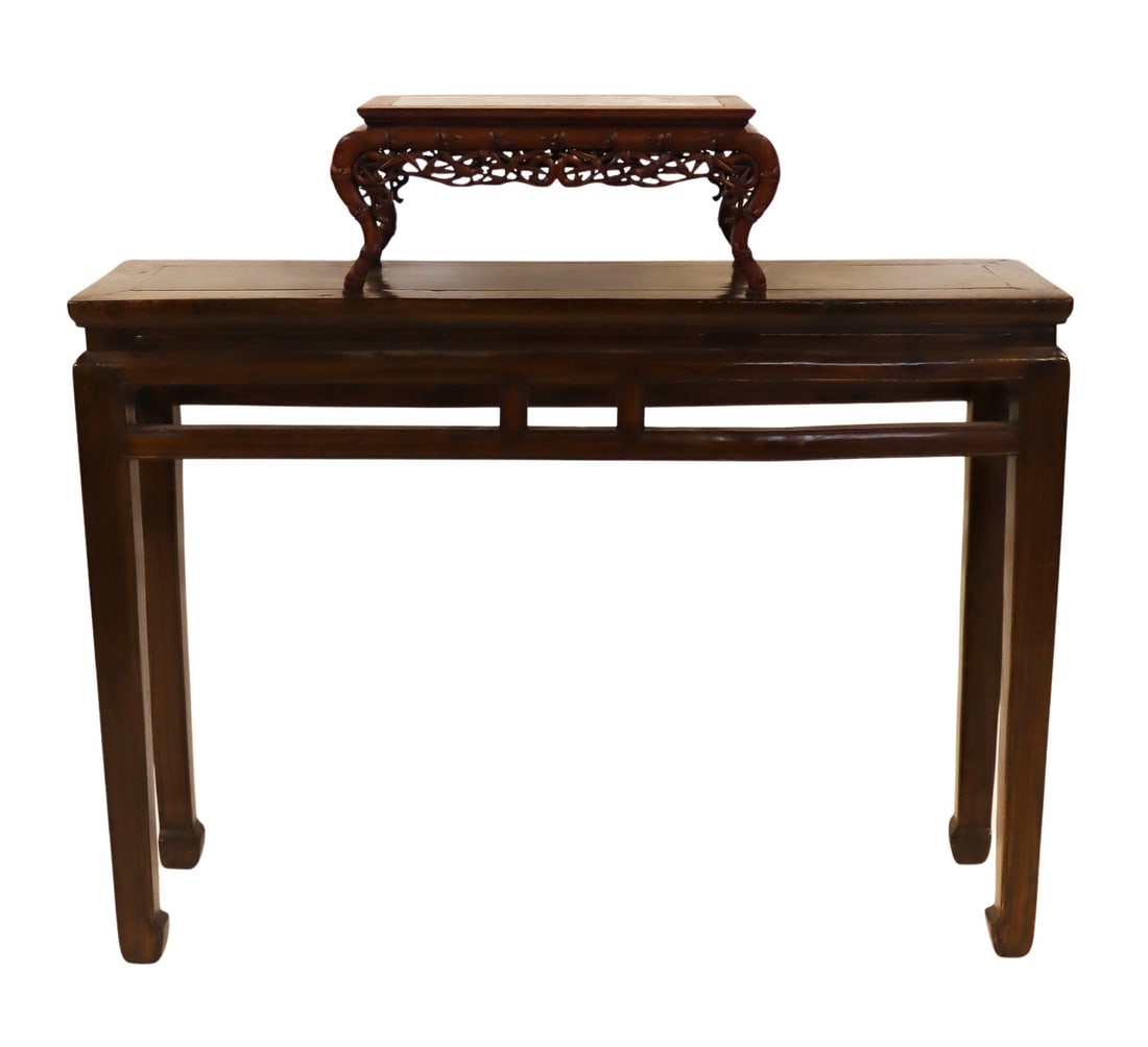 (2) Chinese Carved Wood Tables/Stands.: Includes a Chinese altar table; and a Chinese carved wood marble top stand decorated with a bamboo and bird motif. From an E 72nd St, Manhattan estate. Dimensions: bamboo stand measures approx. 19.25&