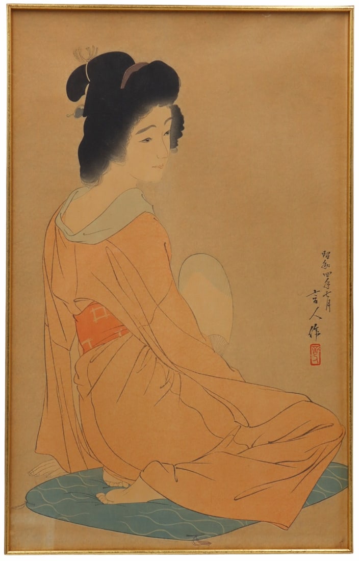 Torii Kotondo (Japan, 1900-1976).: Torii Kotondo Japanese woodblock print titled , "Nagajuban (Long Undergarment). With a paper label verso. From a White Plains, NY estate. Dimensions: sight measures approx. 15" h x 9.5"
