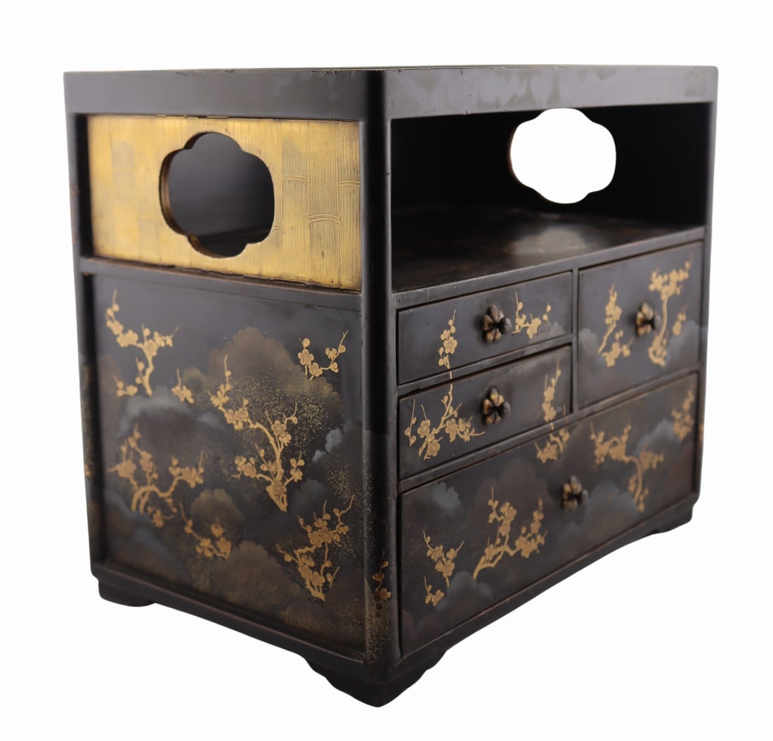 Japanese Black Lacquer Kodansu with Gold Lacquer: Details. Japanese black lacquer kodansu with maki-e gold lacquer decorations of flowering trees. From a White Plains, NY estate. Dimensions: kodansu measures approx. 9.25" w x 6" d x 8.125&q