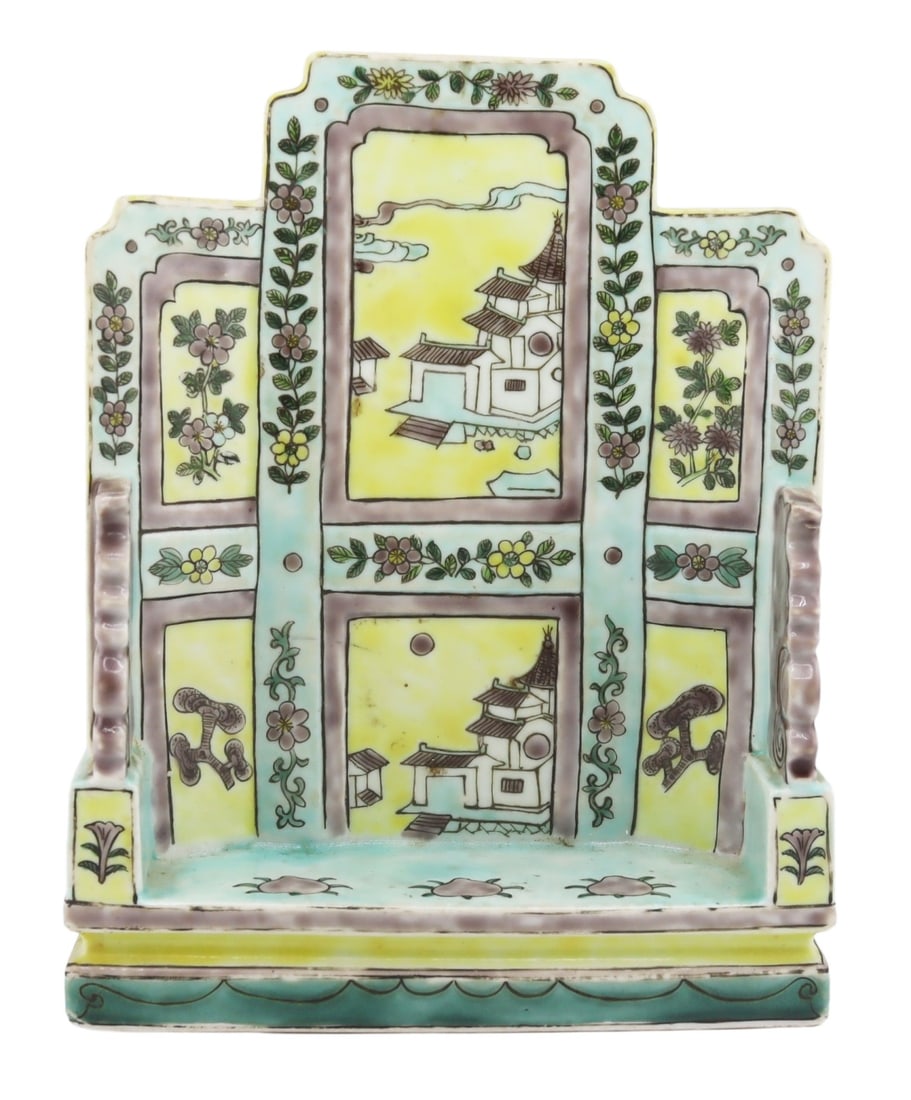 Chinese Famille Verte Enameled Incense Altar.: Ex-Franzero Collection Chinese Famille Verte enamel decorated incense burner or altar stand. Displaying a river scene with phoenix, pagodas, lingzhi, and flowers. With a Franzero Collection paper