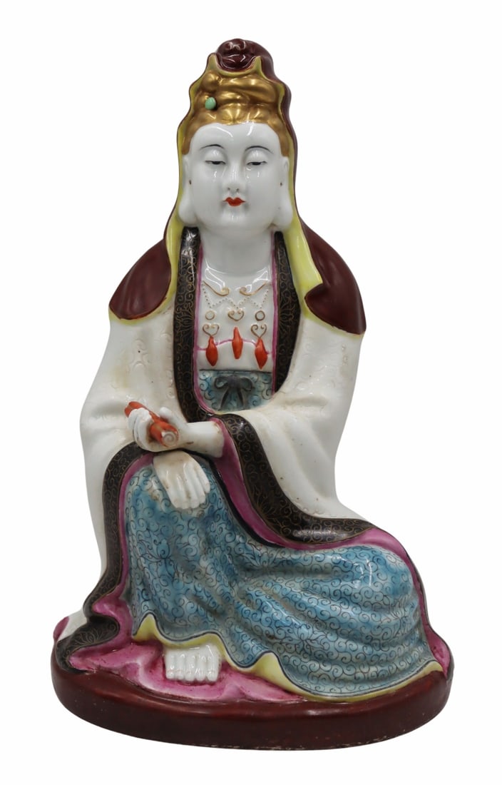Signed Chinese Enamel and Gilt Seated Buddha.: Chinese enamel and gilt decorated seated Buddha holding a scroll in one hand. Impressed mark to the underside. From a Great Neck, NY estate. Dimensions: Buddha measures approx. 6.375" w x 4.375&q