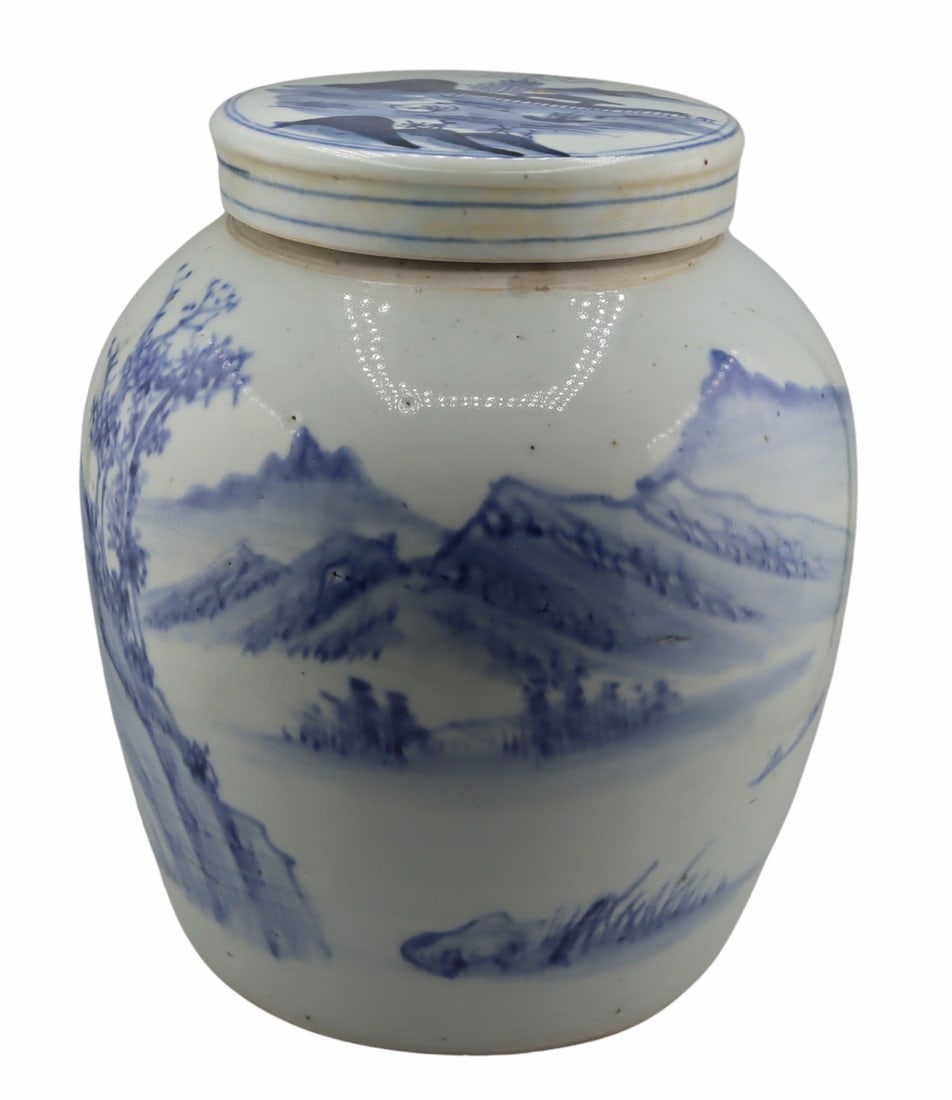 Chinese Blue and White Lidded Landscape Jar. (1 of 14)