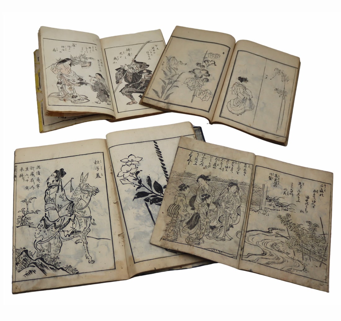 (4) 19th C Japanese Woodblock Print Books.: Includes (4) assorted 19th century Japanese "picture books" - all with interior identification and/or dates. From a Larchmont, NY estate. Dimensions: largest book measures approx.