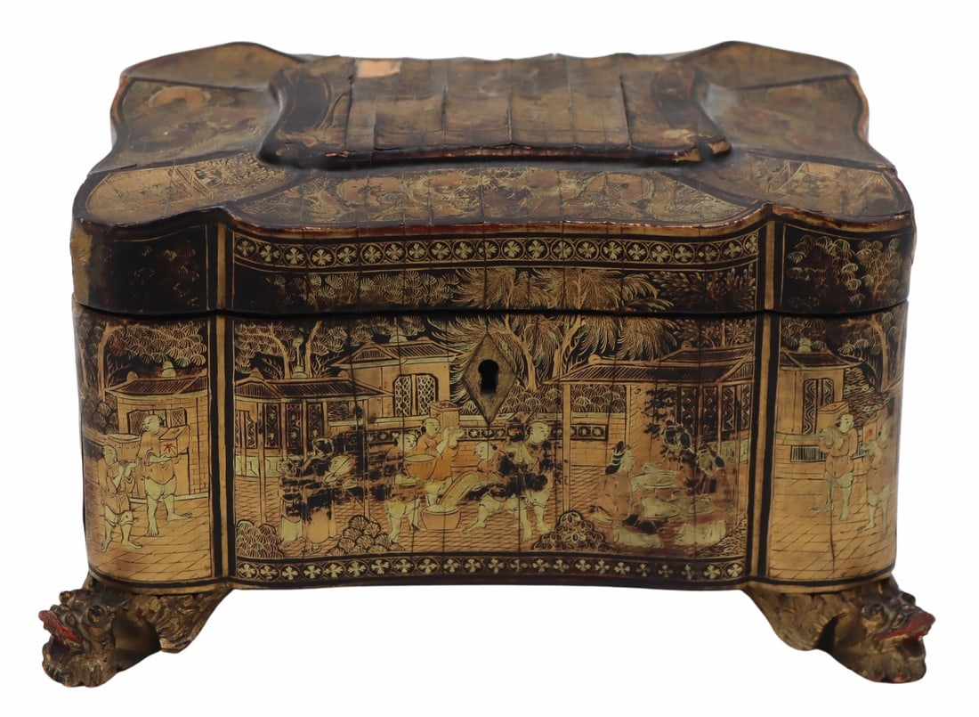 Antique Chinoiserie Lacquered and Gilt Tea Caddy.: Antique Chinoiserie lacquered and gilt decorated tea caddy displaying various scenes throughout and set atop (4) gilt and paint decorated carved dolphin form feet. Interior houses an ornately decorate
