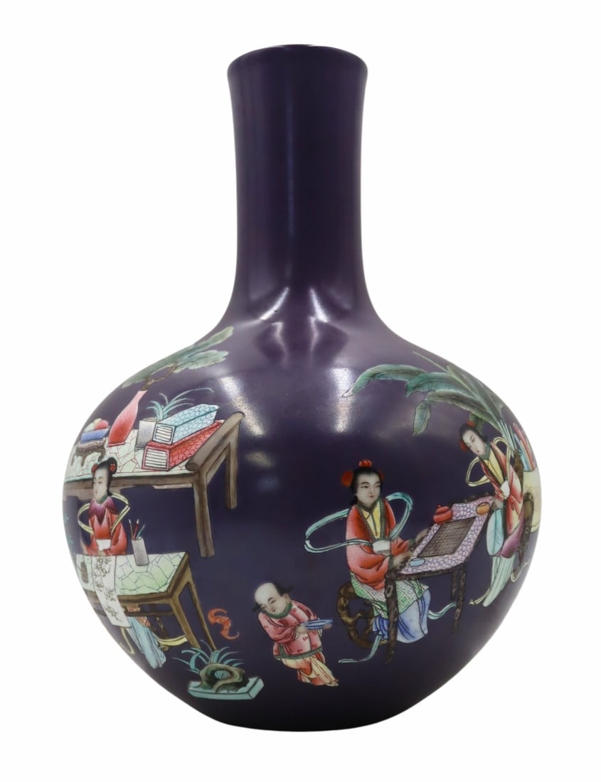 Chinese Famille Rose Purple Glazed Vase.: Chinese Famille Rose enamel decorated purple glazed vase displaying ornately depicted scenes of figures painting scrolls, and playing games, etc. One side displays calligraphy. Showcases a 4-character