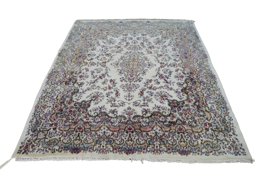 Vintage And Finely Hand Knotted Kerman Carpet.: Roomsize, bright with center medallion and floral design. From a Tenafly NJ estate. - Dimensions: 8ft 8" x 11ft 4"