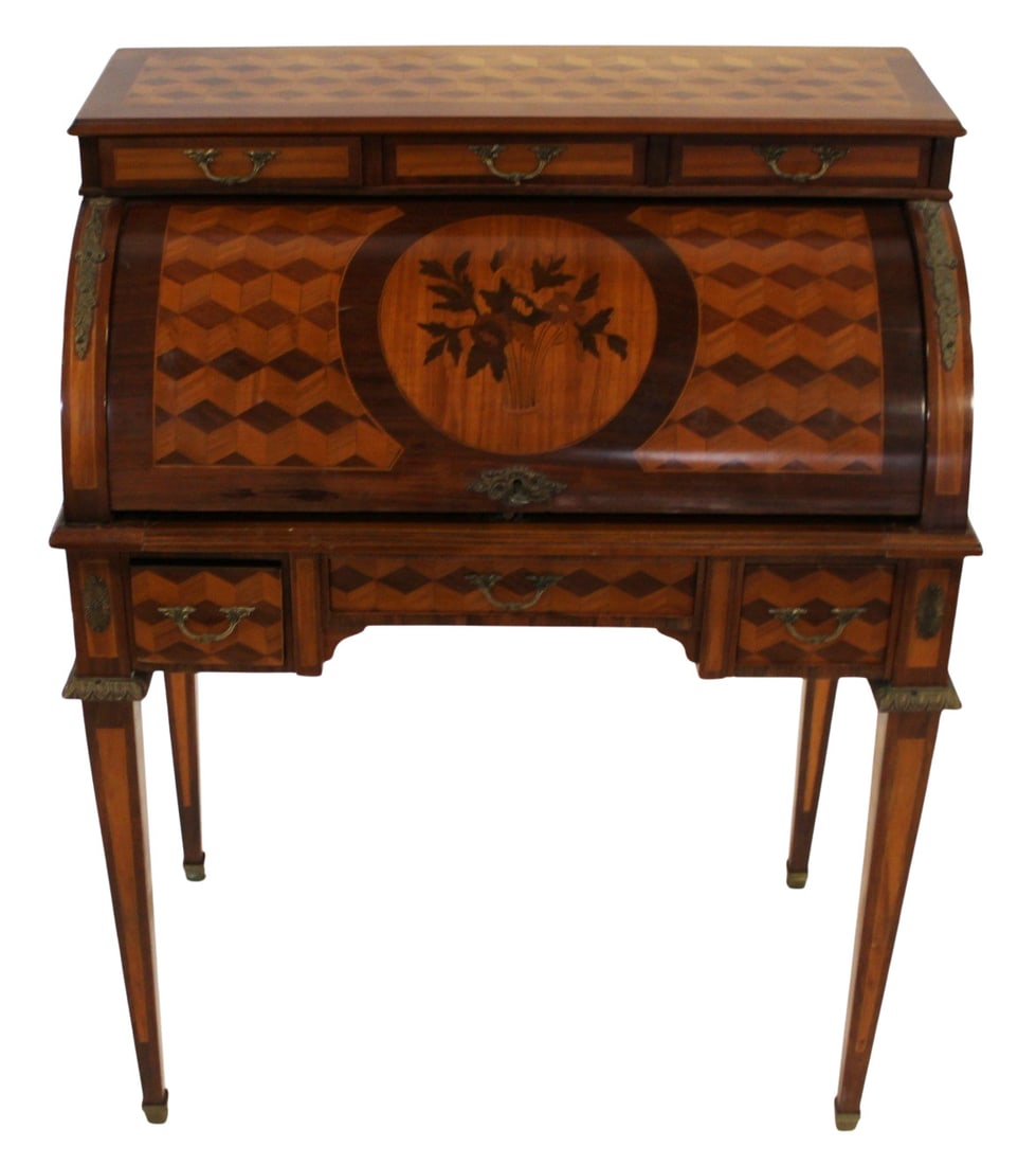 Parquetry Inlaid Leathertop Barrel Front Desk. (1 of 9)