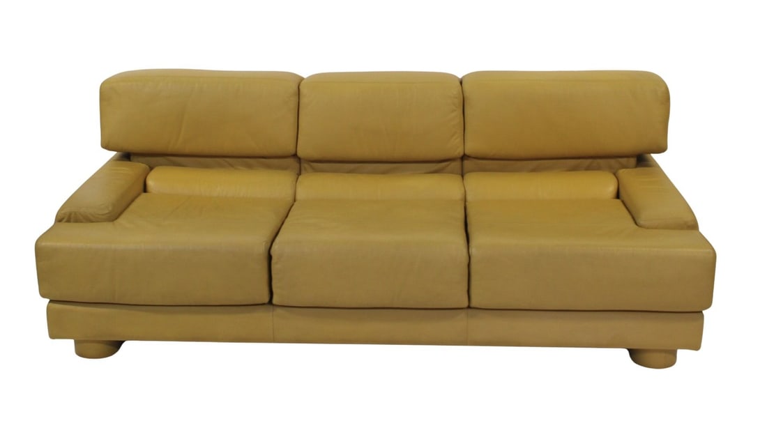 PERCIVAL LAFER Signed 1970s Leather Sofa.: From a Ridgefield, CT estate. - Dimensions: 31" h x 82" w x 36 d.