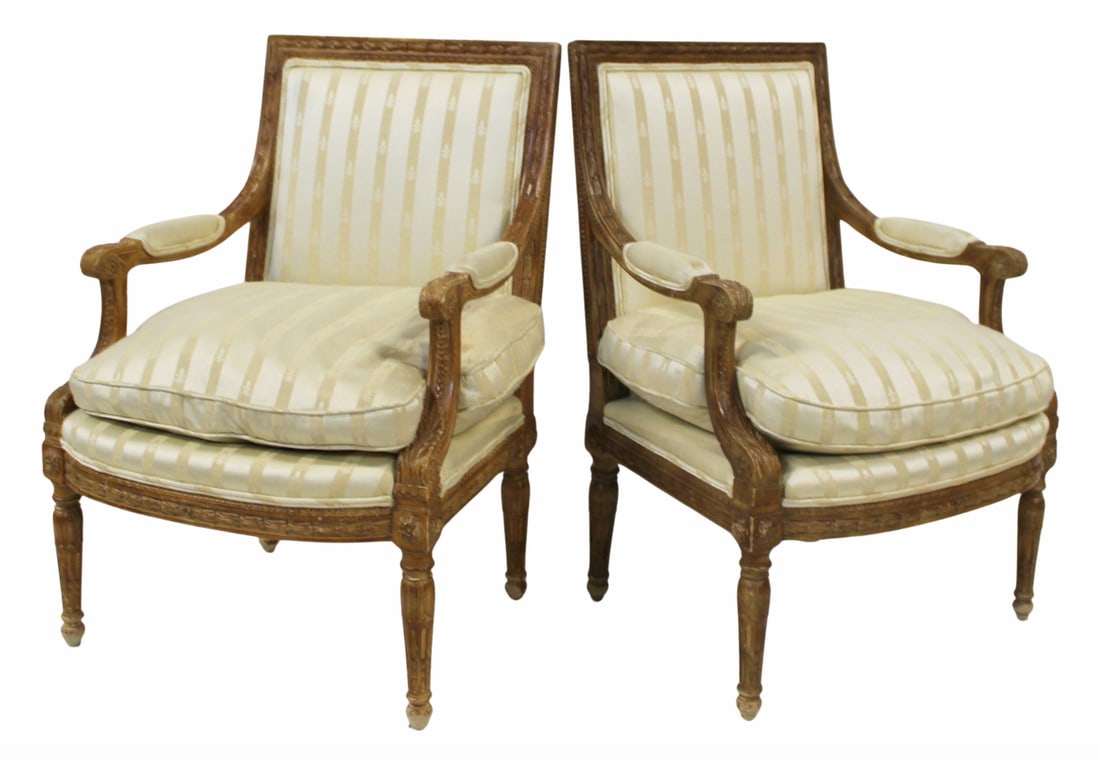 Vintage Pair of Louis XVI Style Bergeres.: Great quality with down filled cushions. From a Long Island, NY estate. - Dimensions: 38" h x 25" w x 24" d