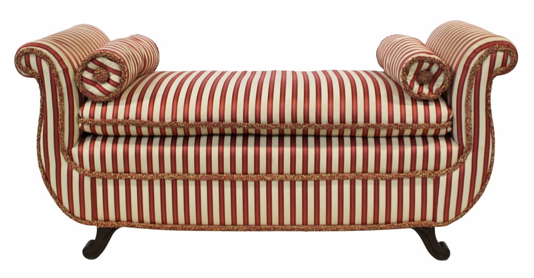 Vintage & Fine Quality Upholstered Scroll Arm: Bench. Nice quality, size and with great striped upholstery. From a Long Island, NY estate. - Dimensions: 29.5" h x 63" w x 23.5" d