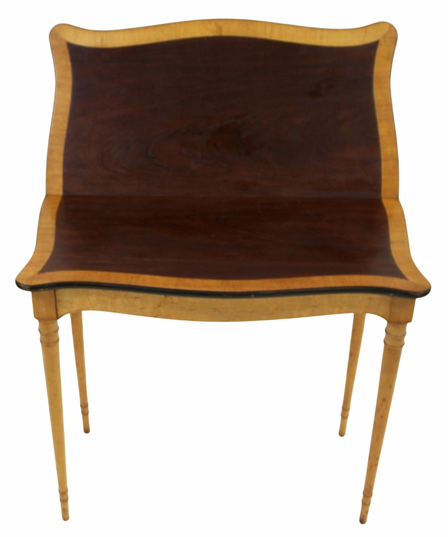 Antique Sheraton Style Banded Mahogany & Maple: Game Table. From a Larchmont, NY estate. - Dimensions: 29" x 31.5" x 16"