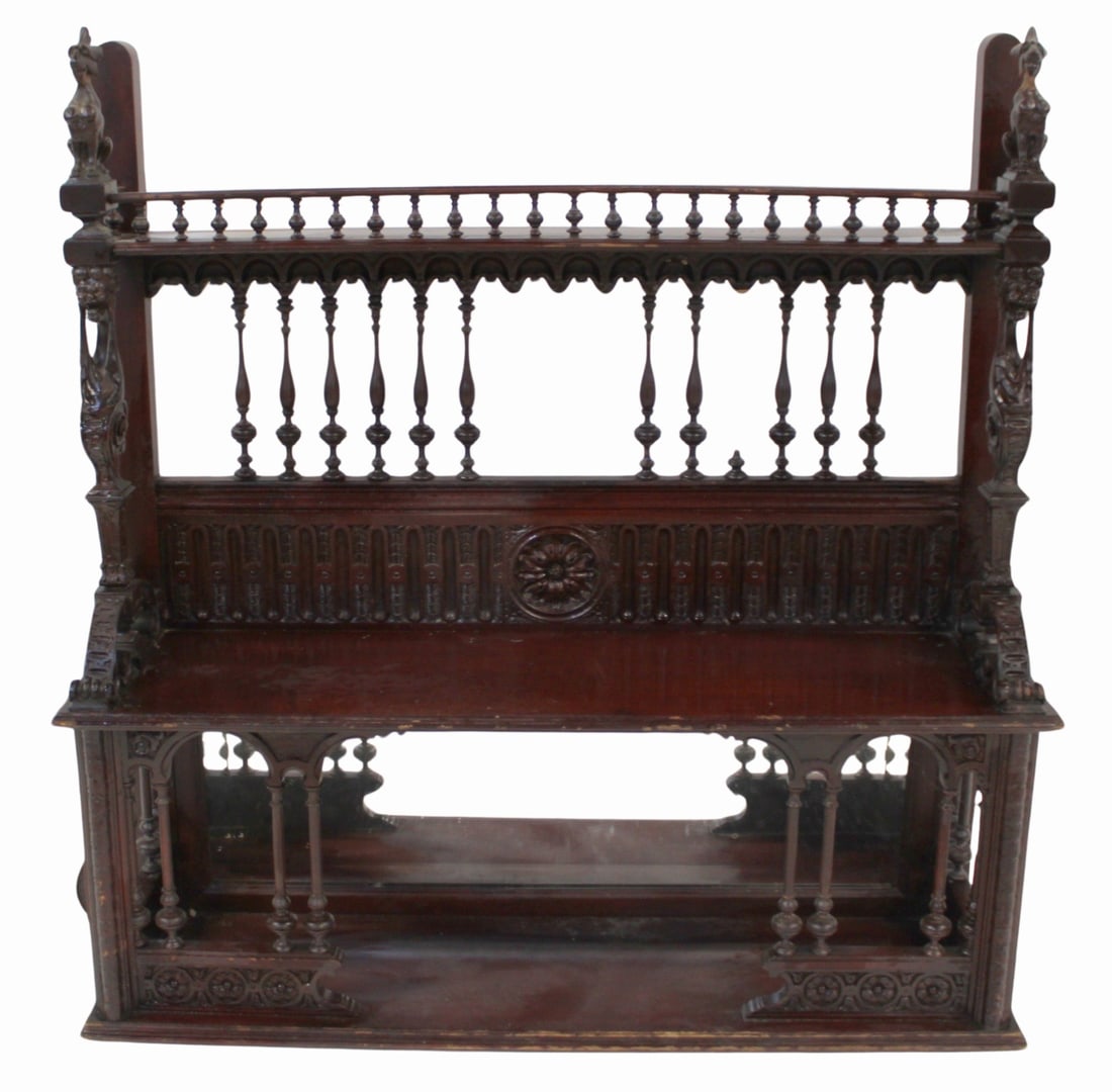 Antique Finely Carved Mahogany Wall Hanging Shelf: Wall mounted and finely carved. From a Larchmont, NY estate. - Dimensions: 33" h x 31.5" w x 9.25" d