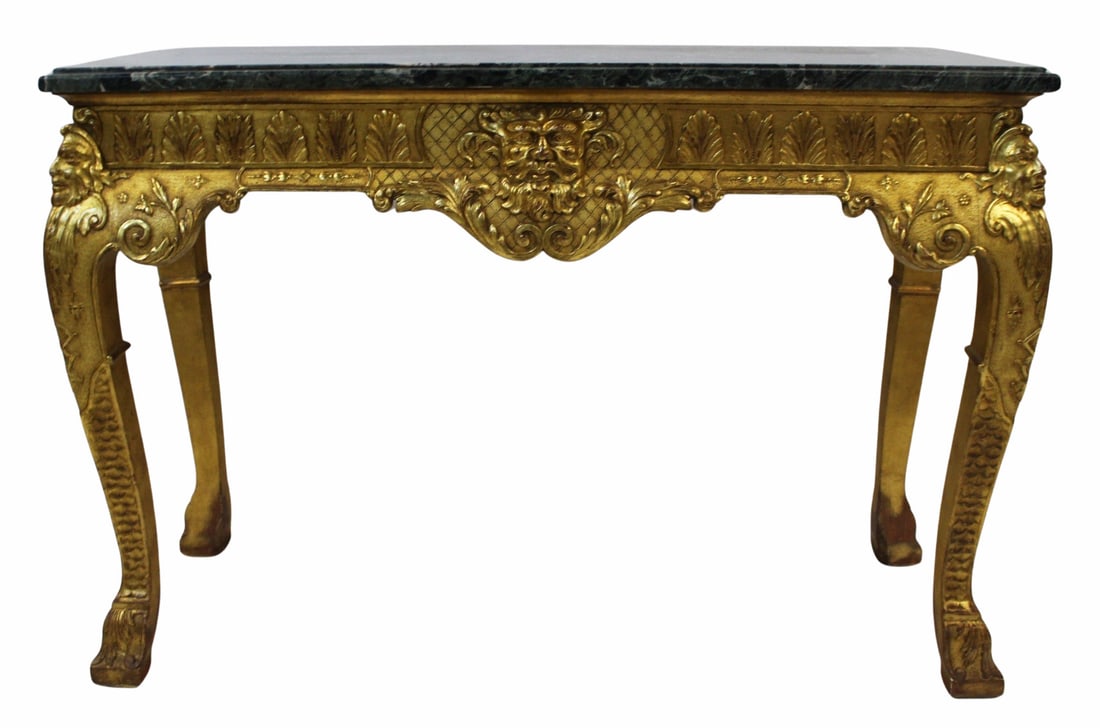 Fine George I Style Gilt Gesso Marble Top Console.: Fine quality console with nice thick marble and nice gilt patina. From an East 79th St NYC estate. - Dimensions: 33.25" h x 49.25" w x 19.5" d