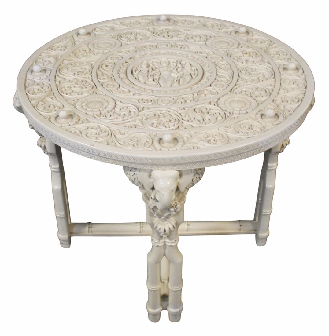 Vintage Finely & Highly Carved White Painted: Elephant Table. From a Great Neck, Long Island estate. - Dimensions: 29" x 34.5"