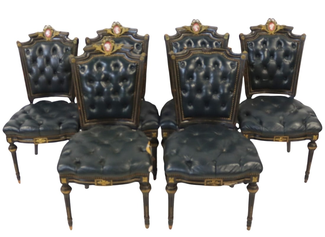 12 Vintage Ebonized Louis XVI Style Chairs.: One set of chairs with some with carving, porcelain plaque and bronze mounts. Some as is. The other set From a Glen Cove, Long Island estate. - Dimensions: 39" h x 20" x 20"