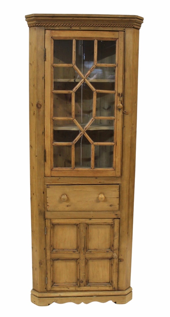 Antique Pine Corner Cabinet.: Nice size with display section, drawer and cupboard. From a Larchmont, NY estate. - Dimensions: 82" h x 30" w 16" d