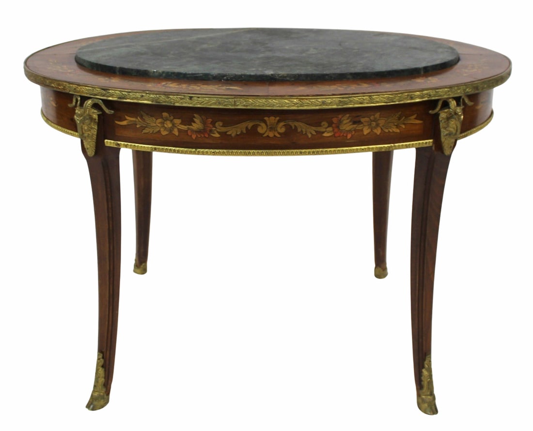 Antique Bronze Mounted, Inlaid Marble Top Coffee: Table. Great quality with marquetry inlay, green marble insert and fine bronze mounts. From a Central Park South, NYC estate. - Dimensions: 20.5" h x 31" x 23"