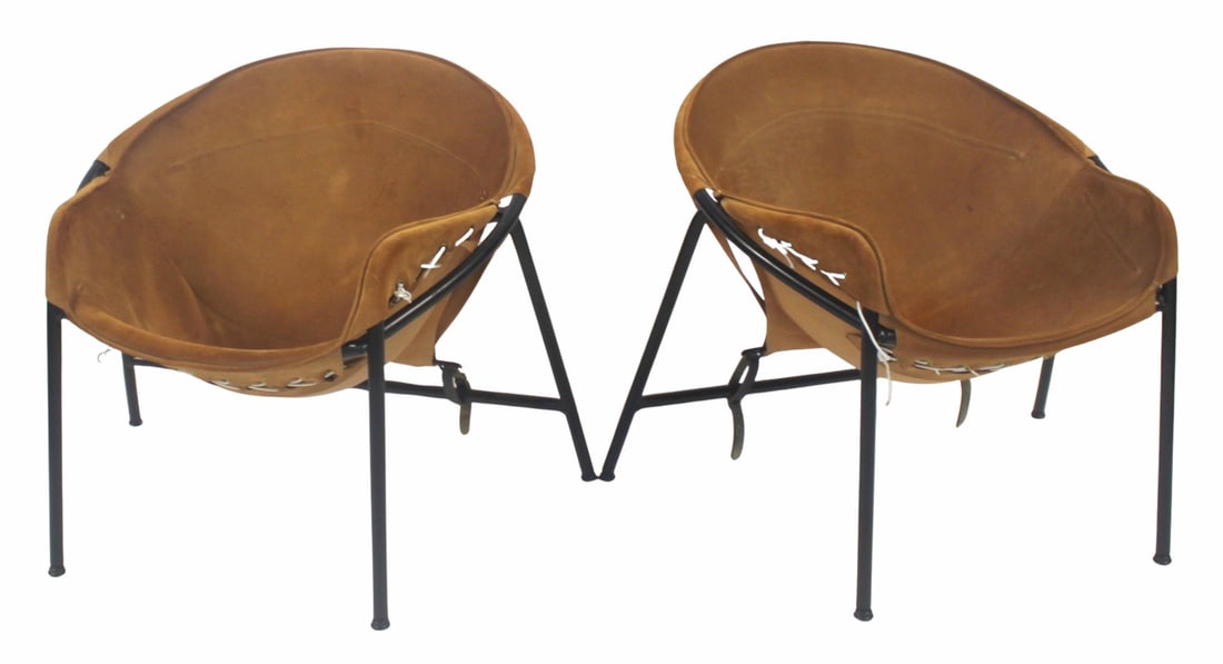 Midcentury Pair Erik Ole Jorgensen Easy Chairs.: Nice leather upholstery and enameled metal frames. From a Larchmont, NY estate. - Dimensions: 26" h x 27.25" w x 27" d