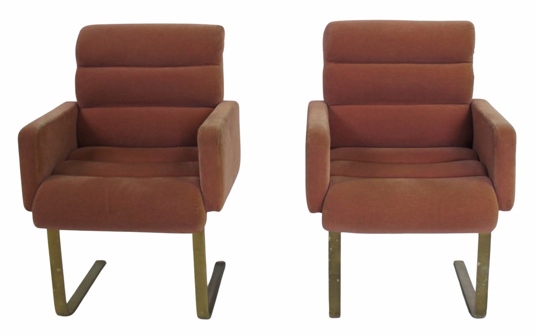 Midcentury Pair of Chrome Upholstered Chairs.: After Milo Baughman with velvet style upholstery and thick chrome legs. From a Larchmont, NY estate. - Dimensions: 35.5" h x 24" w x 19" d
