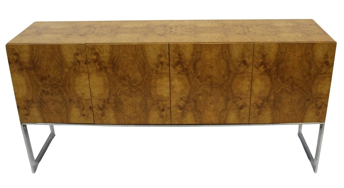 MILO BAUGHMAN for Thayer Coggin Midcentury: Sideboard. Nice original burl walnut sideboard with thick chrome sides. From a New Jersey estate. - Dimensions: 34.75" h x 72" w x 18" d