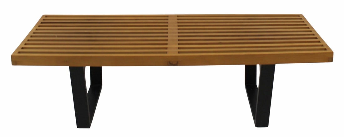 After George Nelson Slatted Bench.: Nice quality, blonde slats and ebonized base. From a Stamford CT estate. - Dimensions: 13.5" h x 47" w x 18.5" d