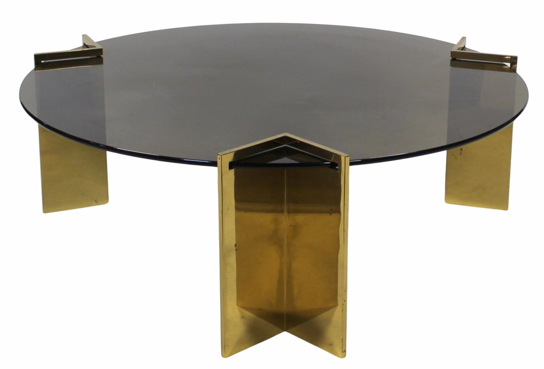 Vintage PACE Gilt Metal & Glass Coffee Table.: 3 legs and a top. From a Larchmont, NY estate. - Dimensions: 17"h x 48"d (glass)