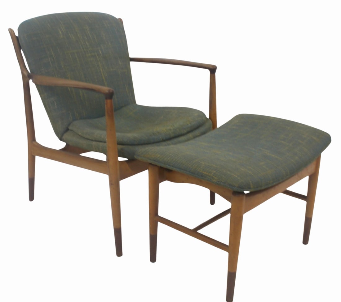 FIN JUHL Midcentury Lounge Chair & Ottoman: Great original pair with original fabric. From a Manhasset LI estate. Dimensions: Chair 31.5" h x 29" w x 26" d & Ottoman: 17.5" h x 25.5" w x 17" d.