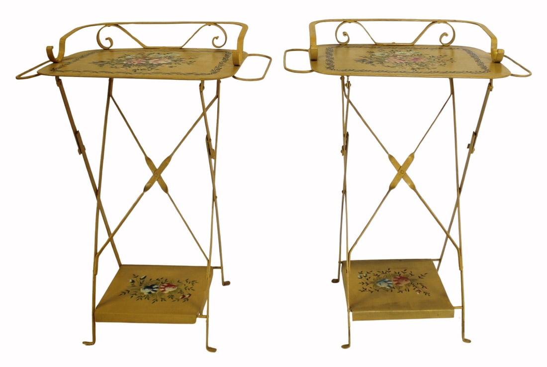 A Vintage Pair Of Paint Decorated Tole Side Table.: Well decorated and good quality and weight. From a New Rochelle, NY estate. - Dimensions: 33" h x 26" w x 15" d.