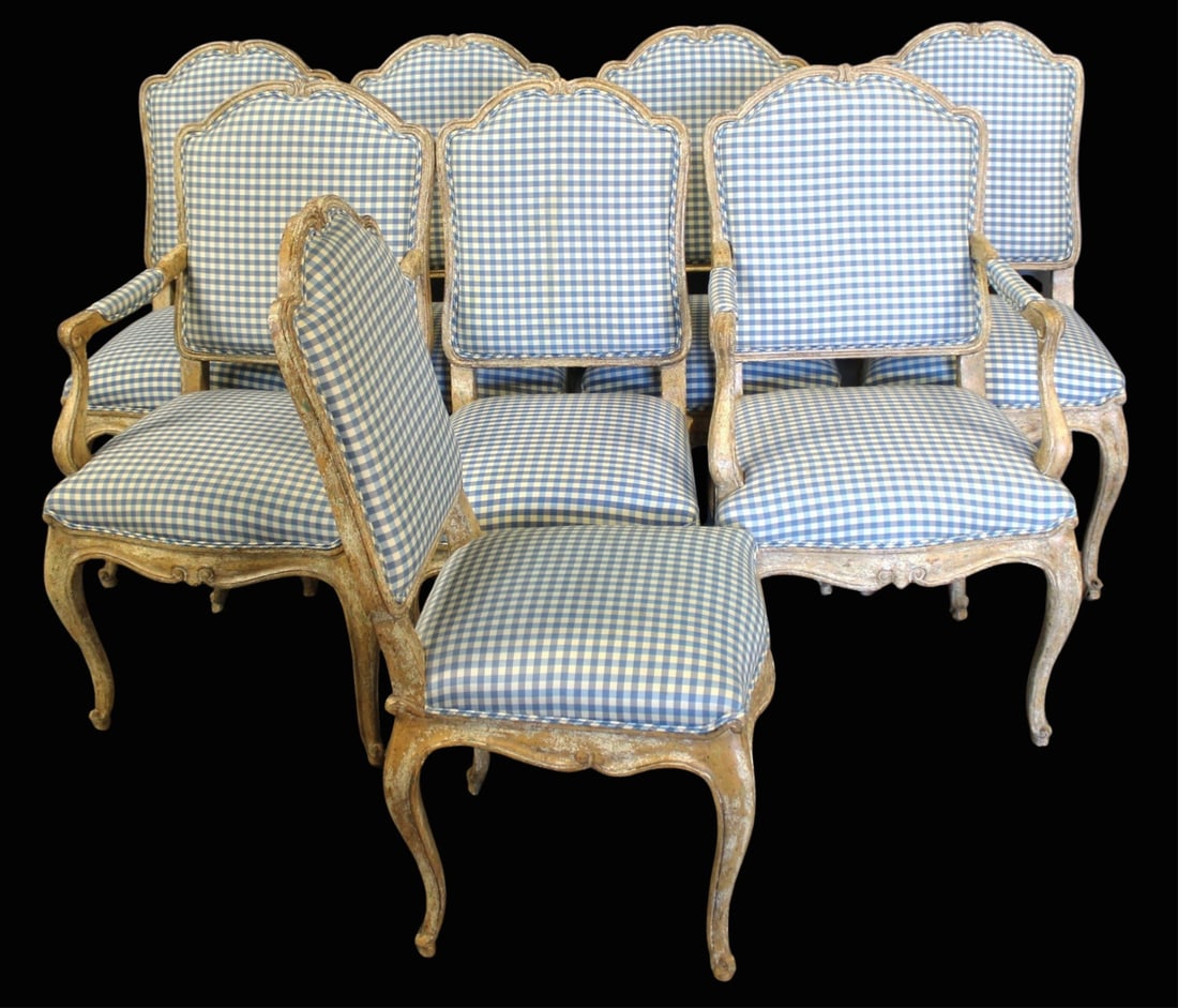 MINTON SPIDELL 8 Signed Louis XV Style Chairs: Great set with a distressed finish and nice upholstery. Label on base and from a New Rochelle NY estate. Dimensions: Side 40" x 19" x 19" & arm 41" x 21" x 21".